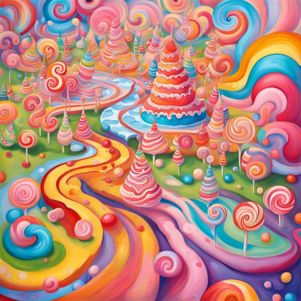 Vibrant Candyland Wonderland in Gouache Style
