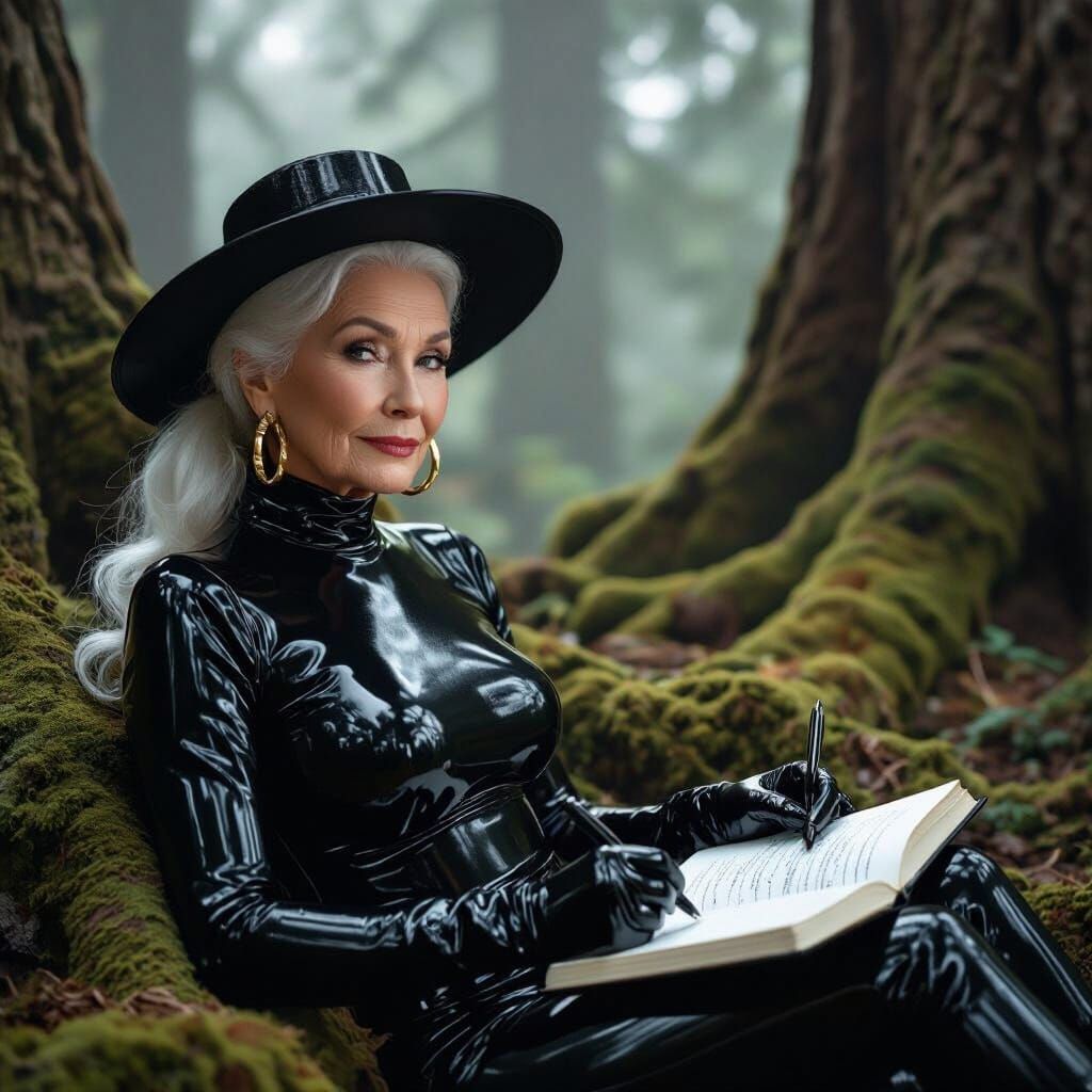 Elderly Woman in Latex Catsuit Writes in Forest, Syd Mead St...