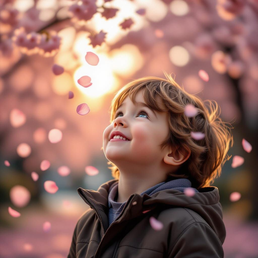 Happy Boy in Awe of Falling Cherry Blossoms