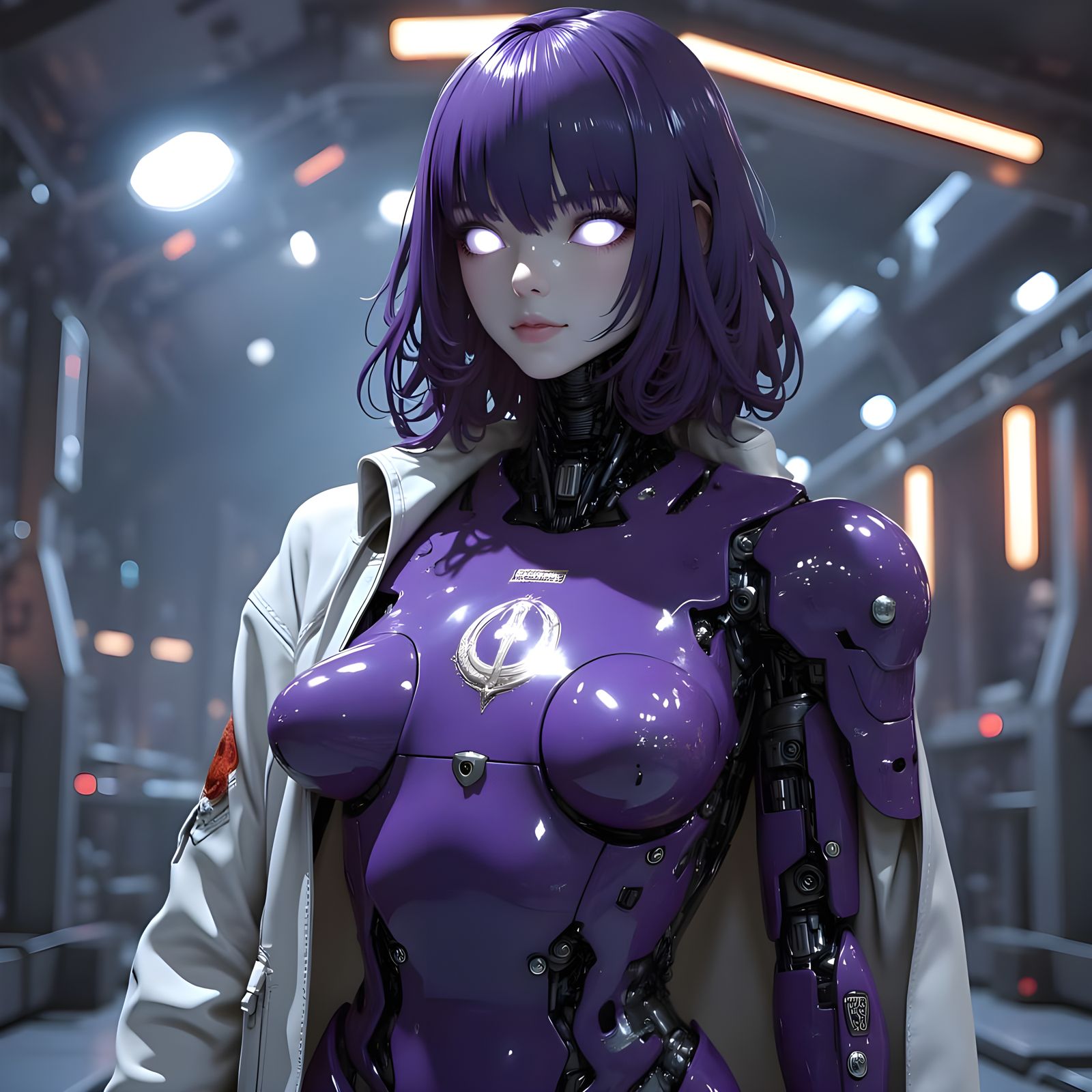 Cyberpunk Robotic Woman in Spacecraft Hangar