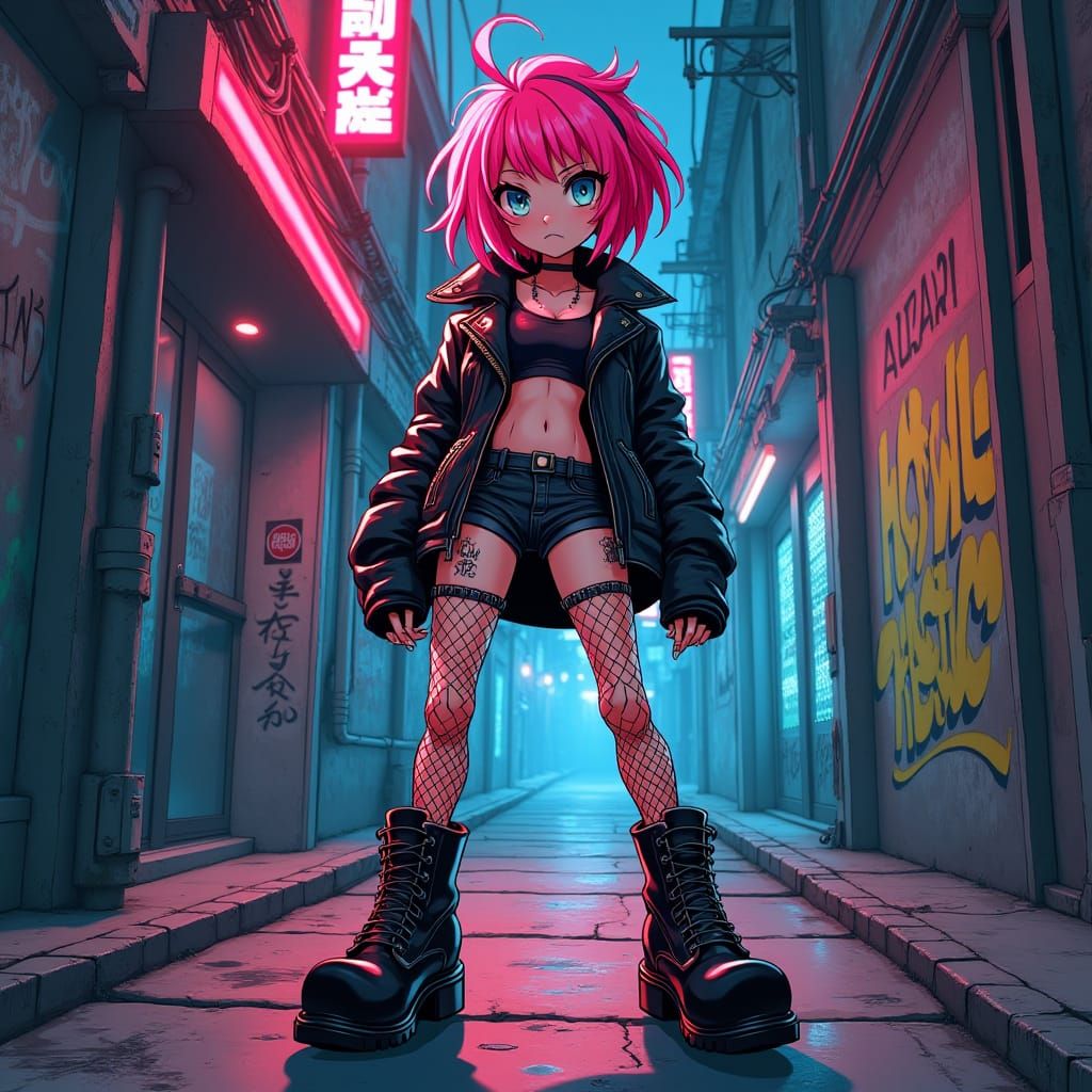 Pink-Haired Punk Girl in Anime Key Visual Style