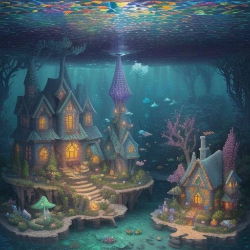 Underwater Fairy Village: Surreal 3D Mosaic