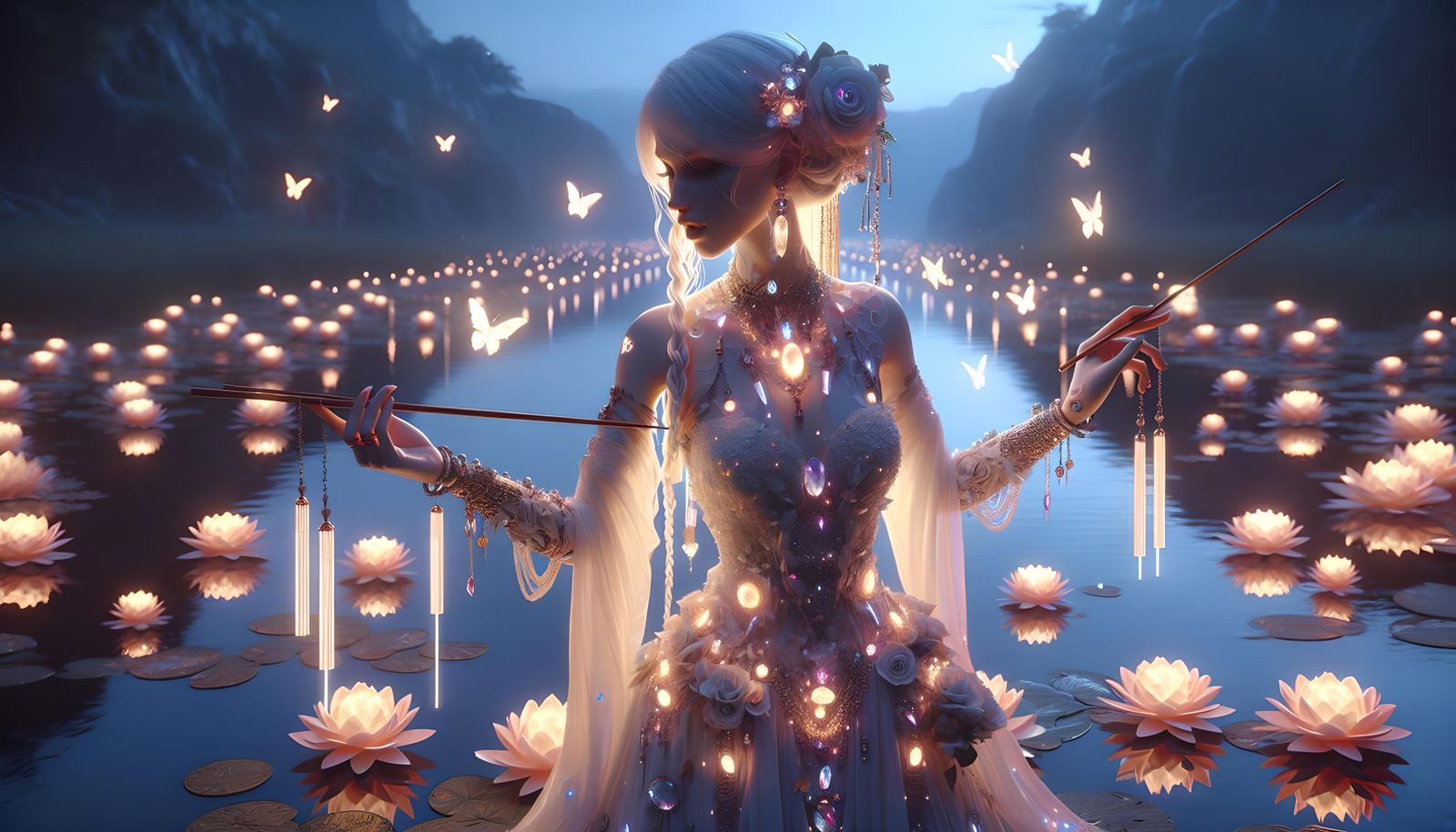 Luminescent Lake Vampire Android in Luminism Style