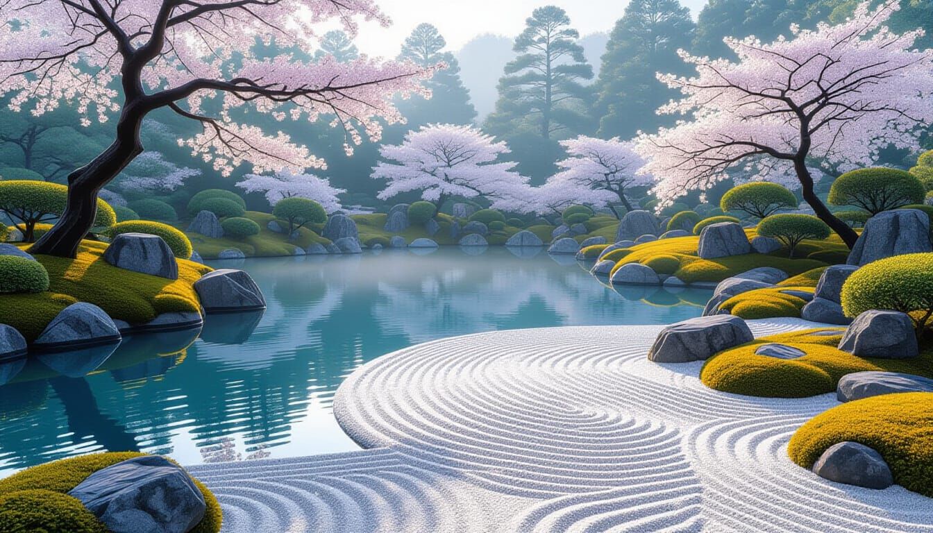 Serene Japanese Garden at Dawn with Zen Path
