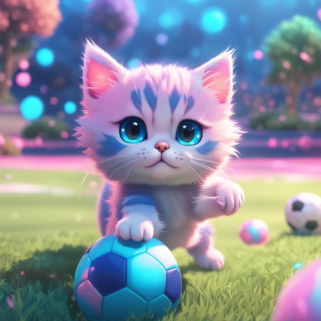 Whimsical Anime Kitten Plays Football with Vibrant Colors