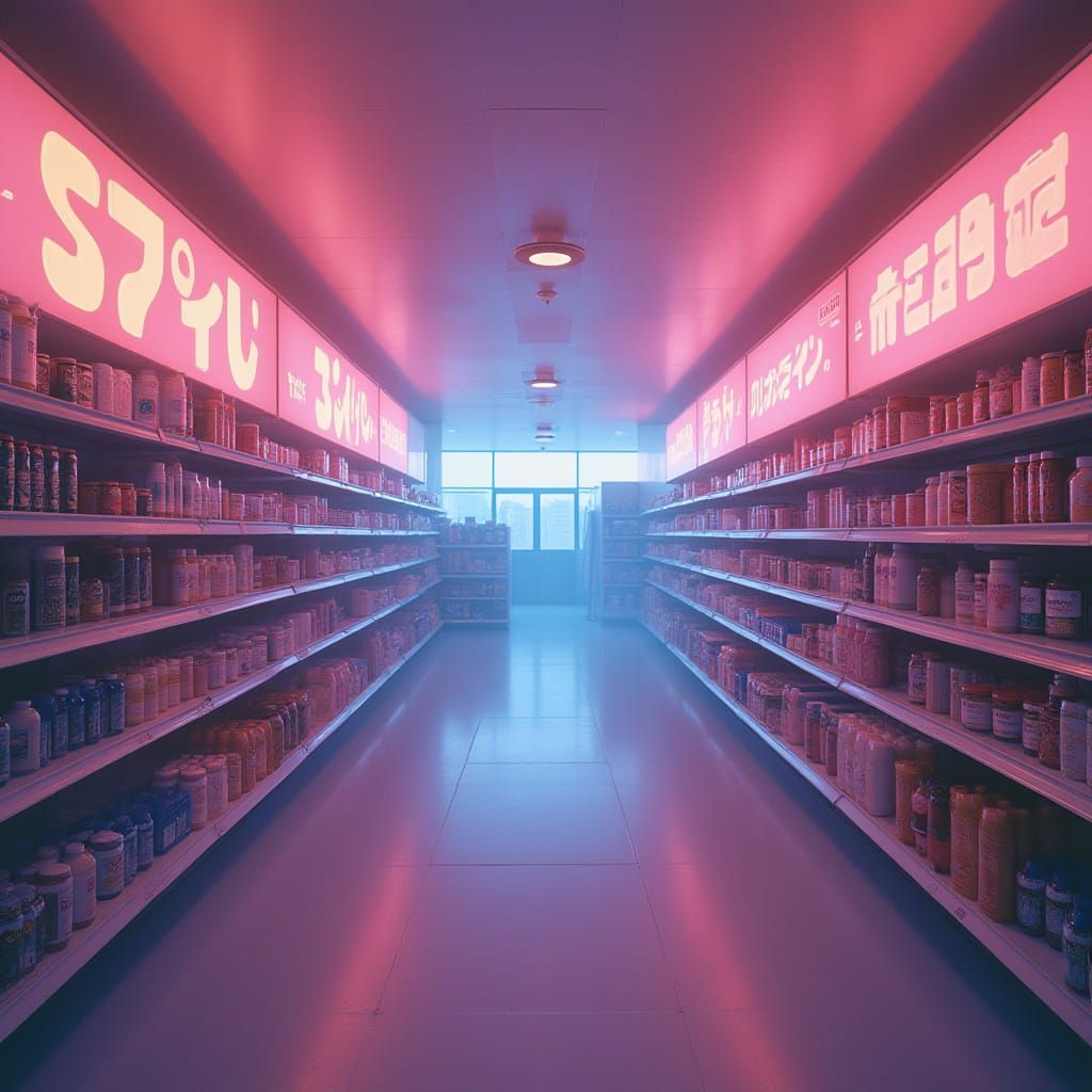 Rainbow Gradient Supermarket Aisle in Retro-Futuristic Vapor...