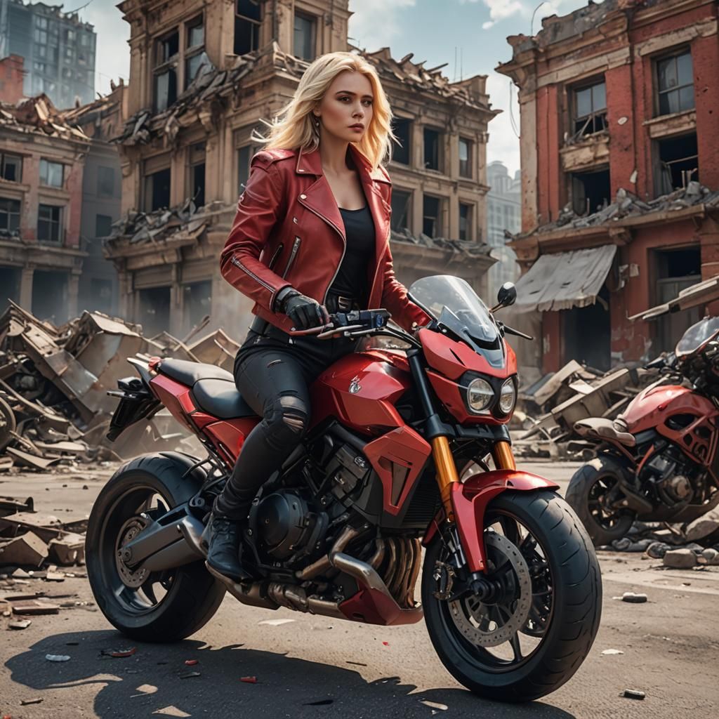 Blonde Woman on Motorcycle in Ruined City