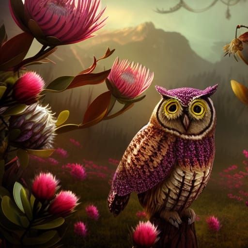 Protea Flowers and Owls in Detailed Matte Painting