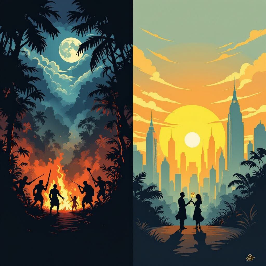 Primitive Jungle vs. Peaceful City Poster Art
