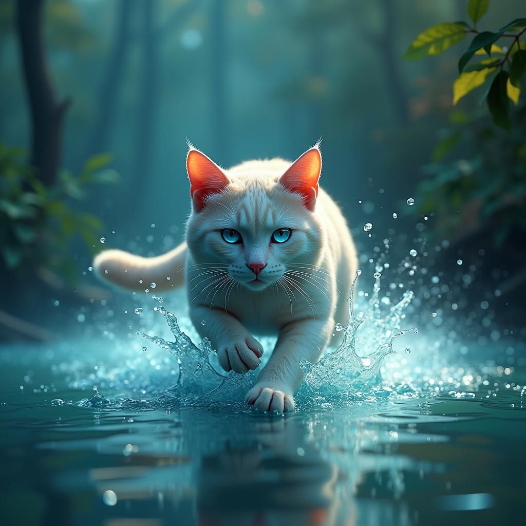 Iridescent Cat Runs on Water: Digital Matte Painting
