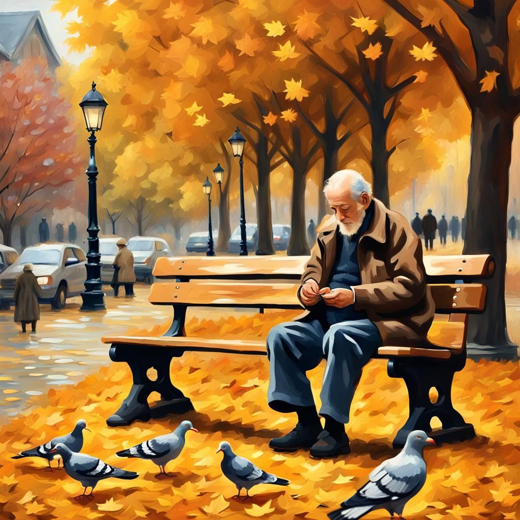 Old Man Feeding Pigeons: Impressionistic Autumn Scene