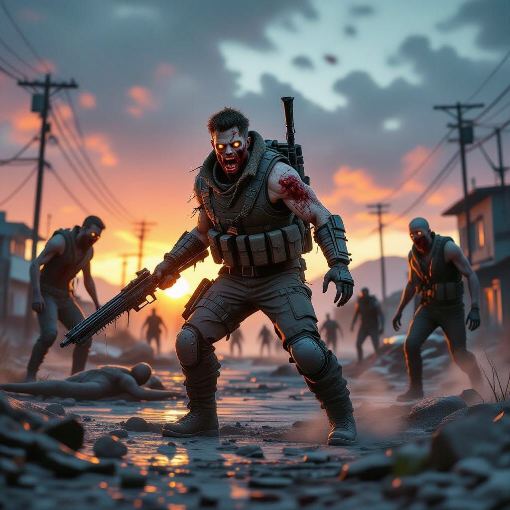 Hero Fights Off Zombies in a Futuristic Postapocalyptic Land...