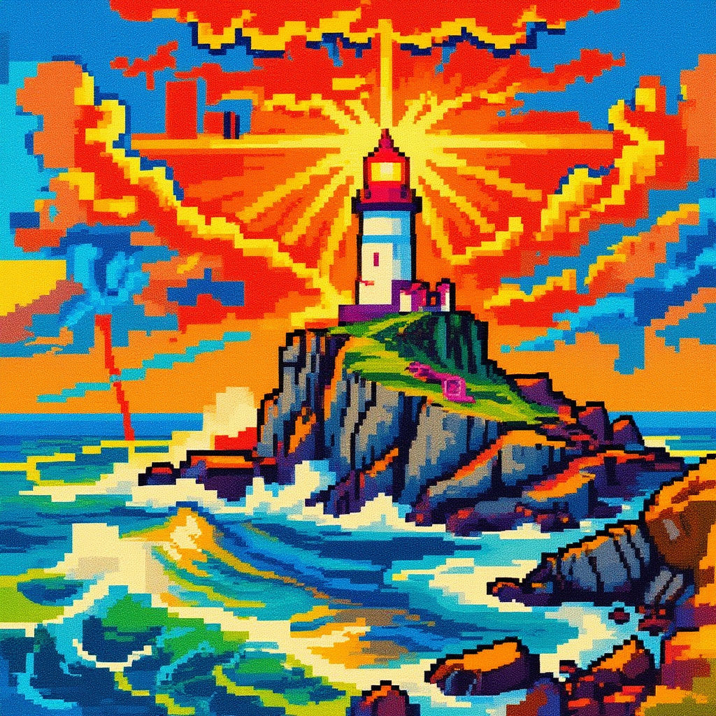 Lighthouse Shines as Sun Sets Over Stormy Sea