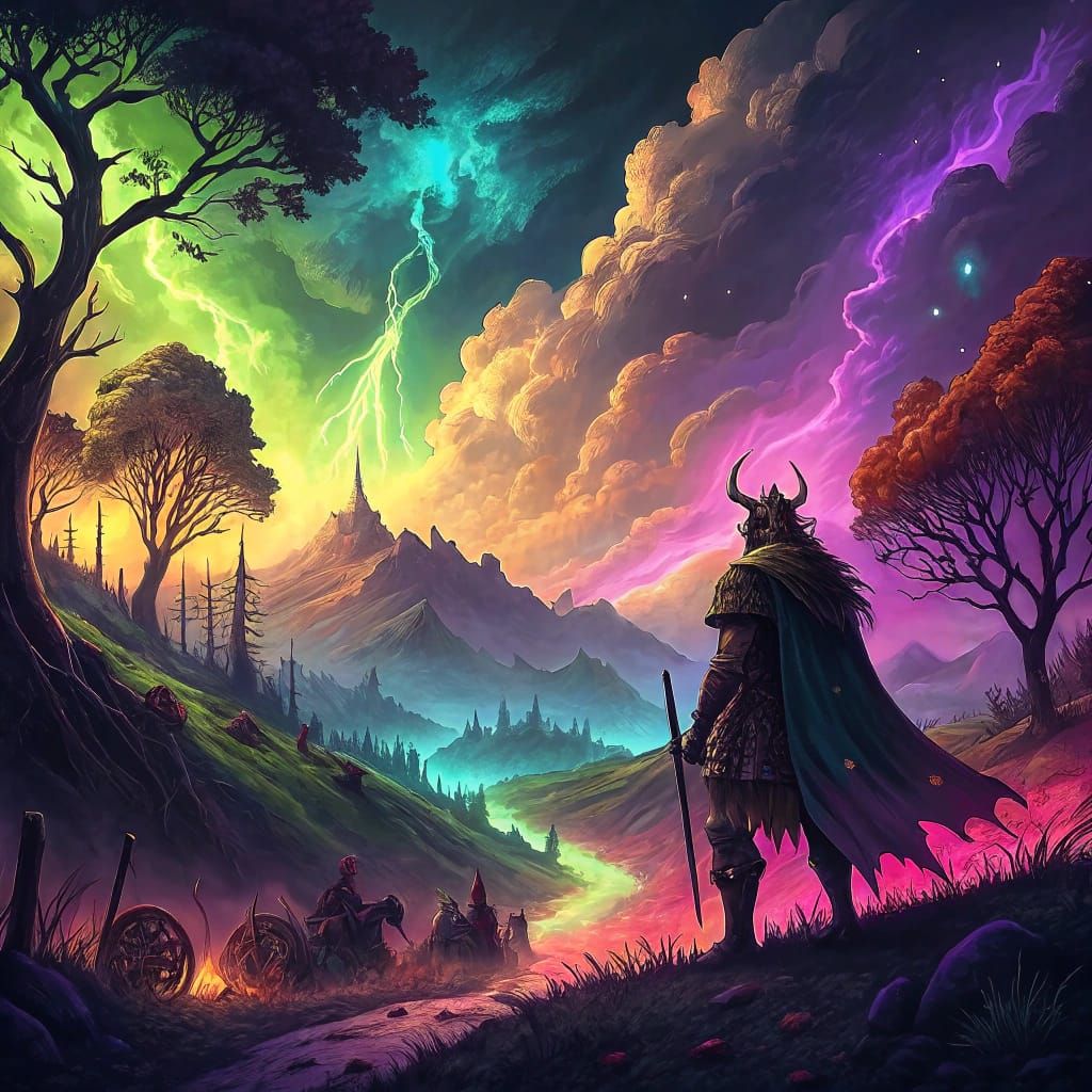 Dark Fantasy Warrior Battles Poachers Amidst Dragons