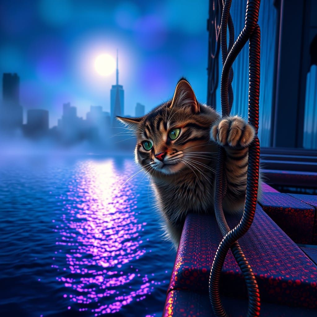 Ethereal Brooklyn Bridge Cat Dangling in Dreamlike Atmospher...