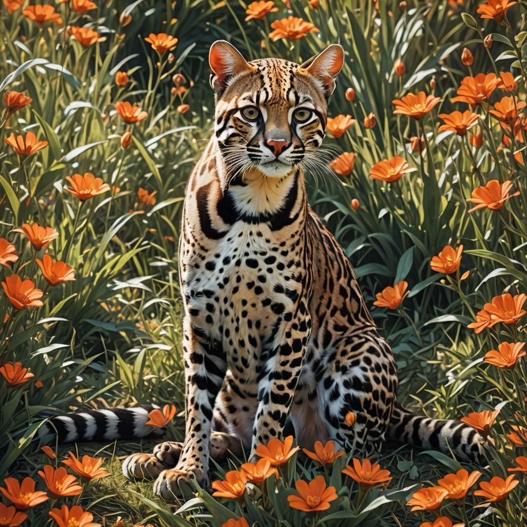 Ocelot in Orange Flower Meadow: Wildlife Photography