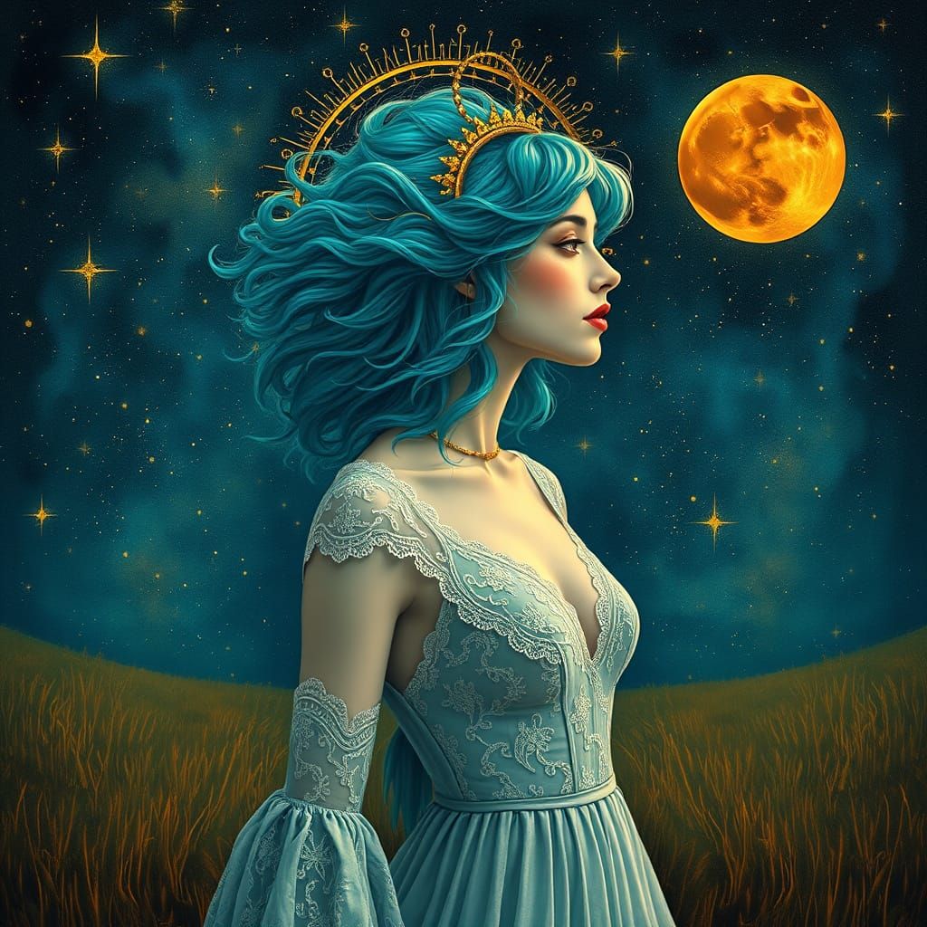 Celestial Woman in Starry Field: Surreal Aquatint Portrait