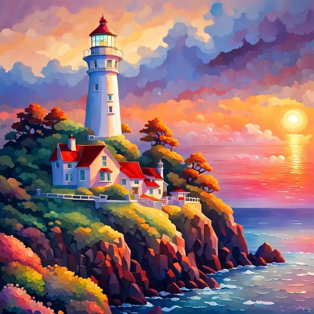 Charming Lighthouse Coastal Scene at Sunset
