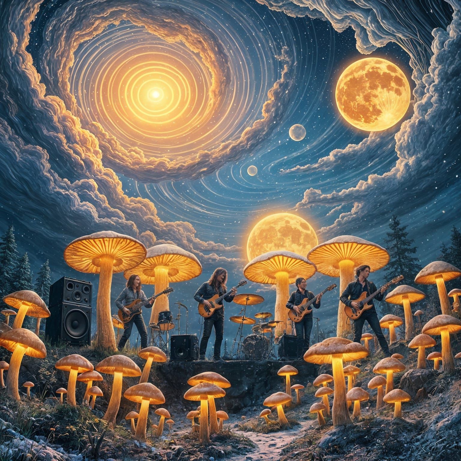 Surreal Rock Concert Scene with Glowing Mushrooms in a Froze...