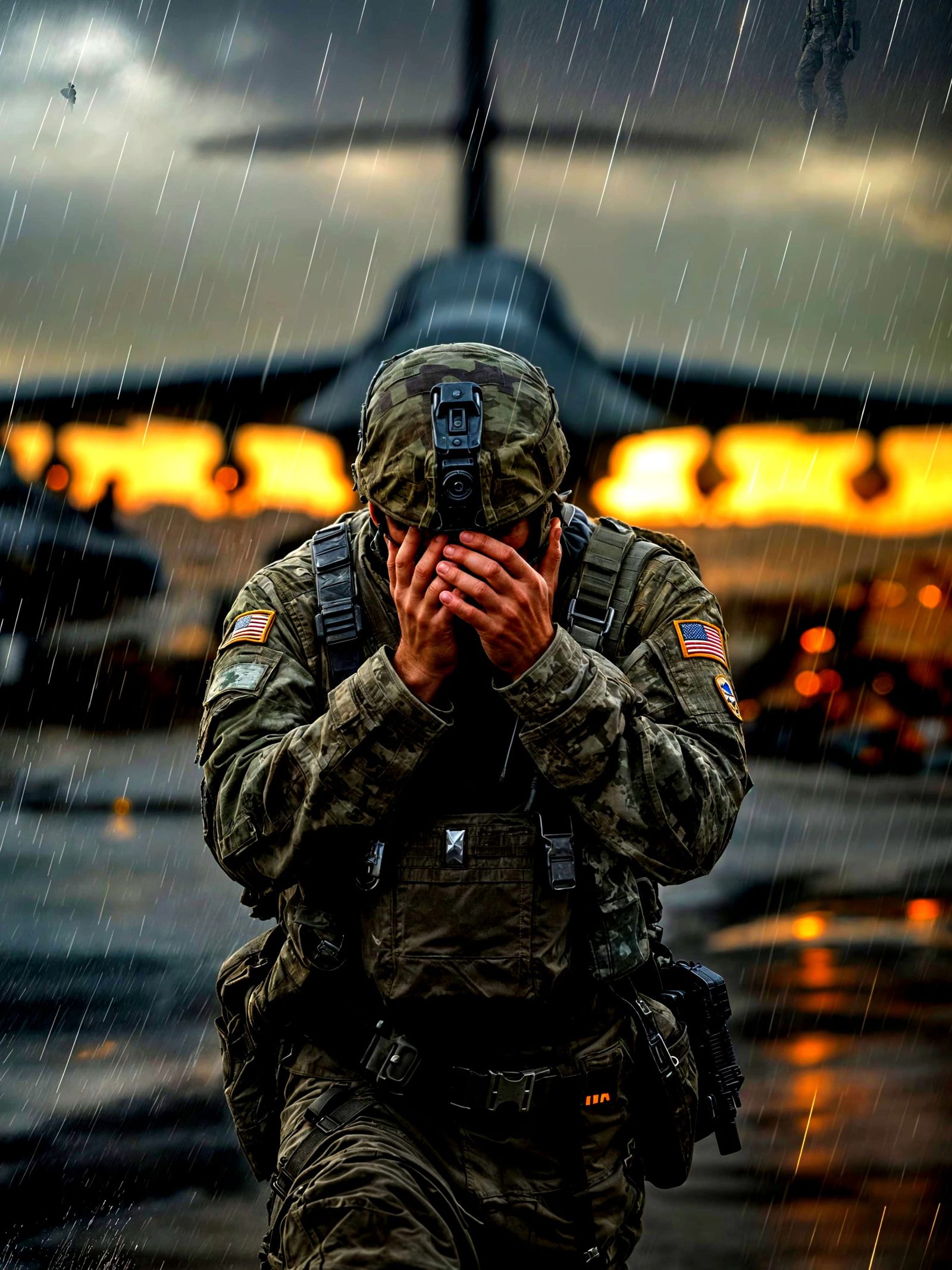 Defeated Soldier Walking Away From Aircraft at Dusk