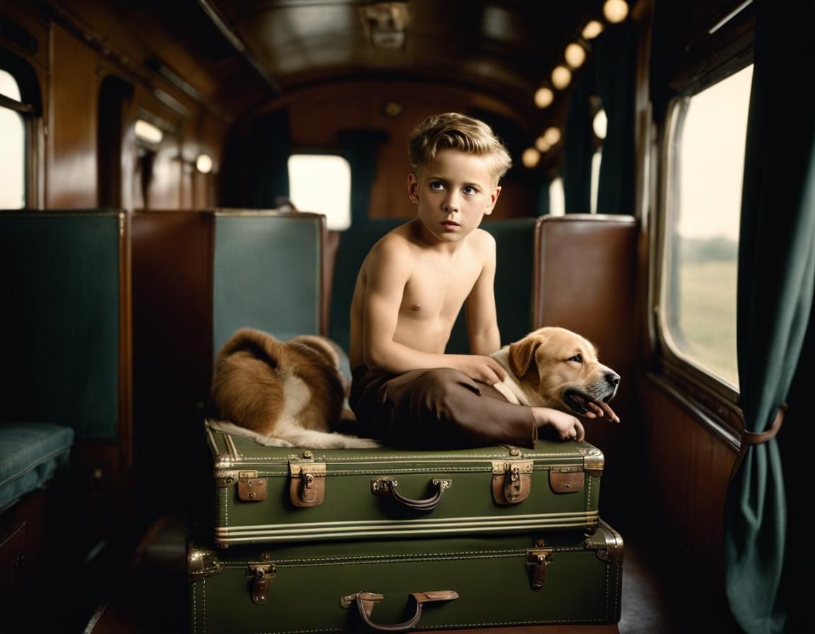 Boy Gazing Out Train Window in 1940s Style