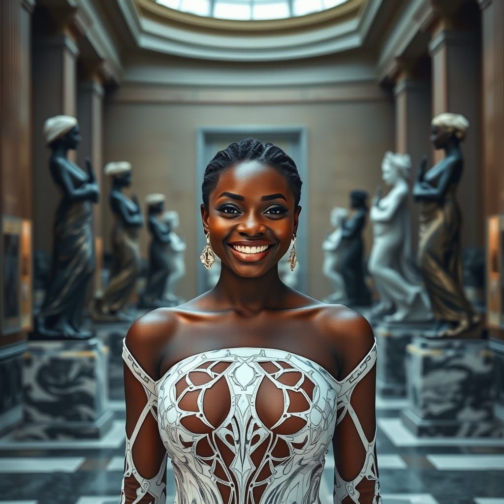 Woman in Marble Dress in Museum, Photorealistic Style