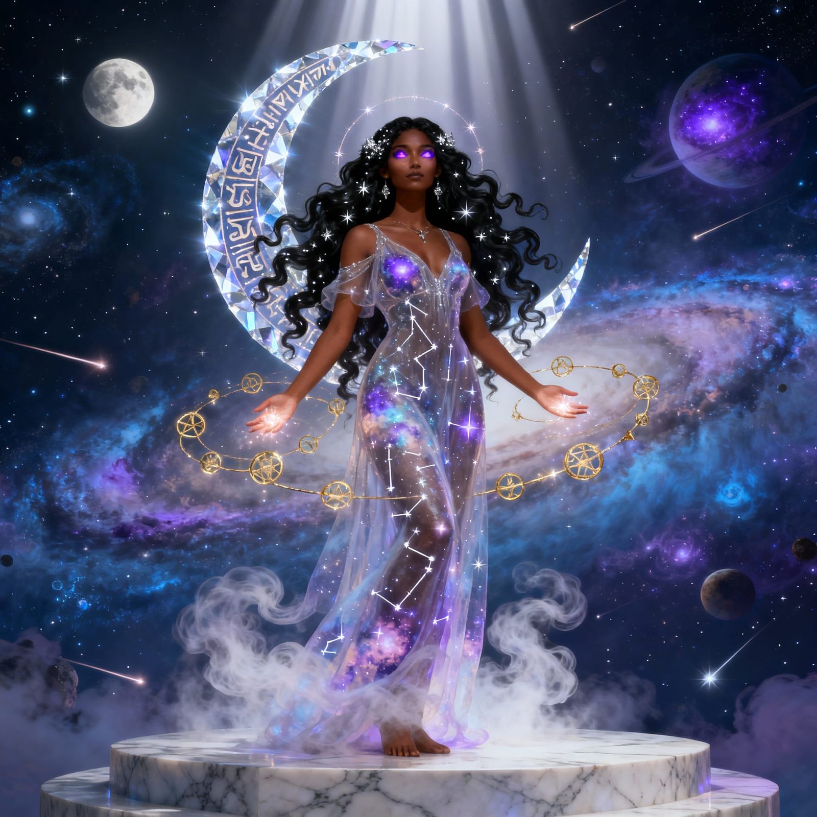 Ethereal Woman Bathed in Moonlight in Cosmic Space