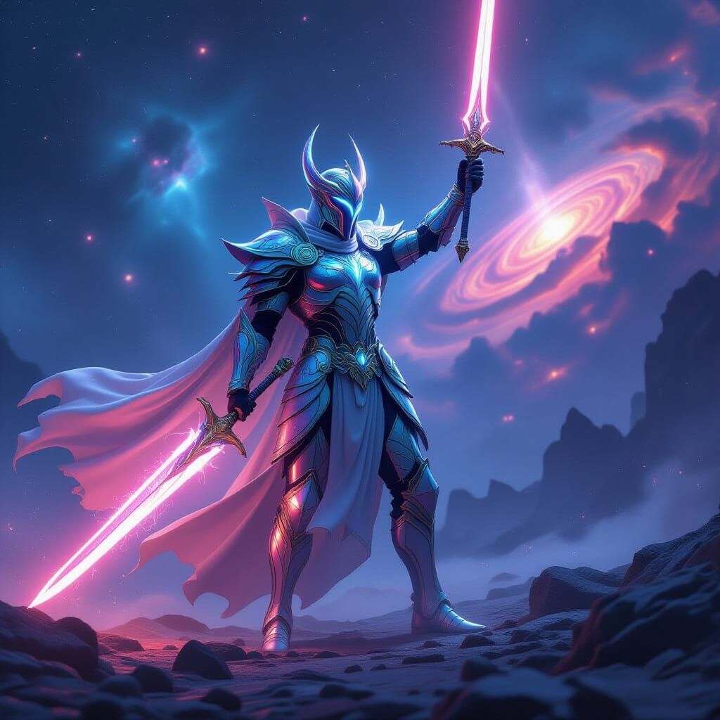 Celestial Warrior in Cosmic Armor with Glowing Sword
