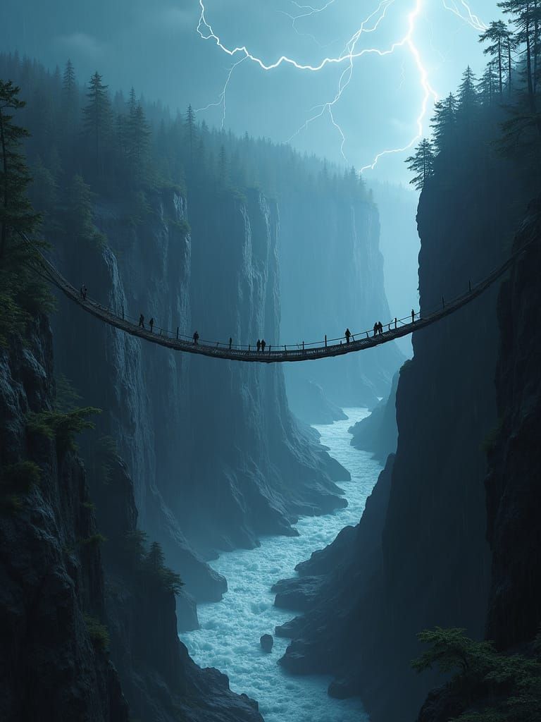 Ethereal Fantasy Bridge Crossing in a Turbulent Storm