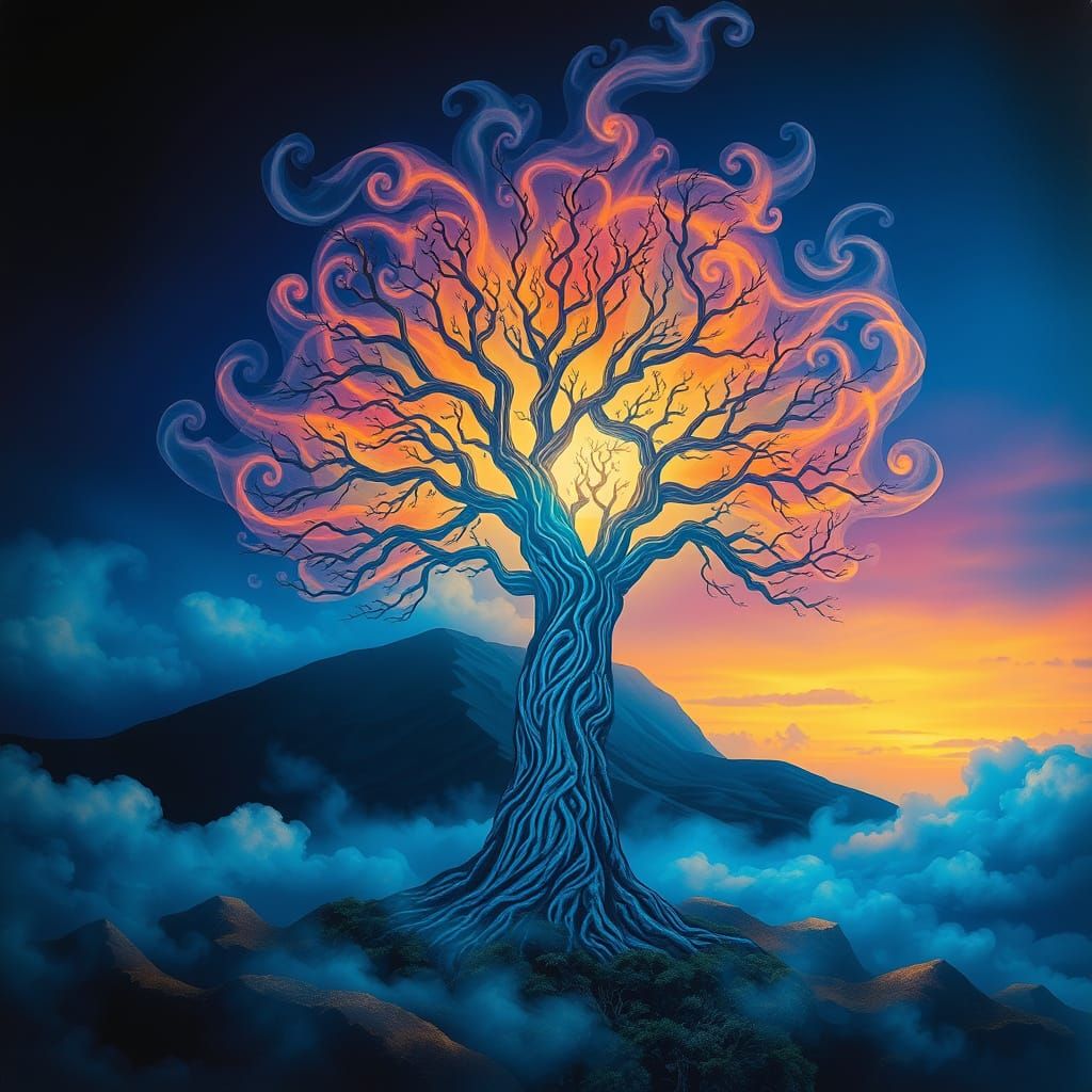 Dreamlike Surrealist Scene with Glowing Tree and Swirling Mi...