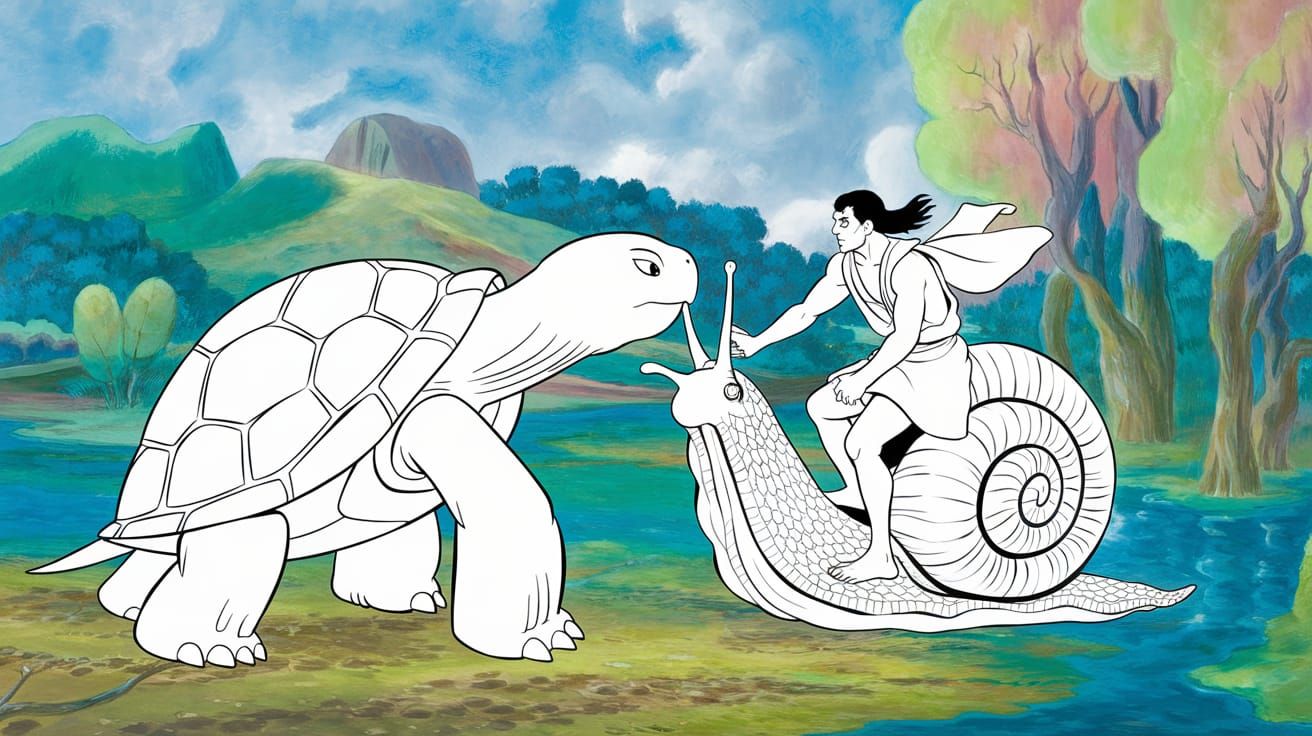 Epic Turtle vs. Snail Battle, Ghibli Manga Style