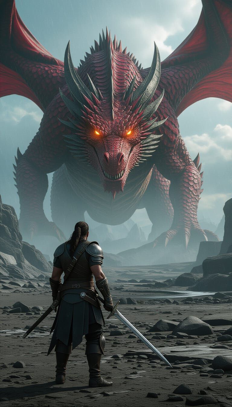 Warrior Confronts Ancient Dragon in Desolate Wasteland