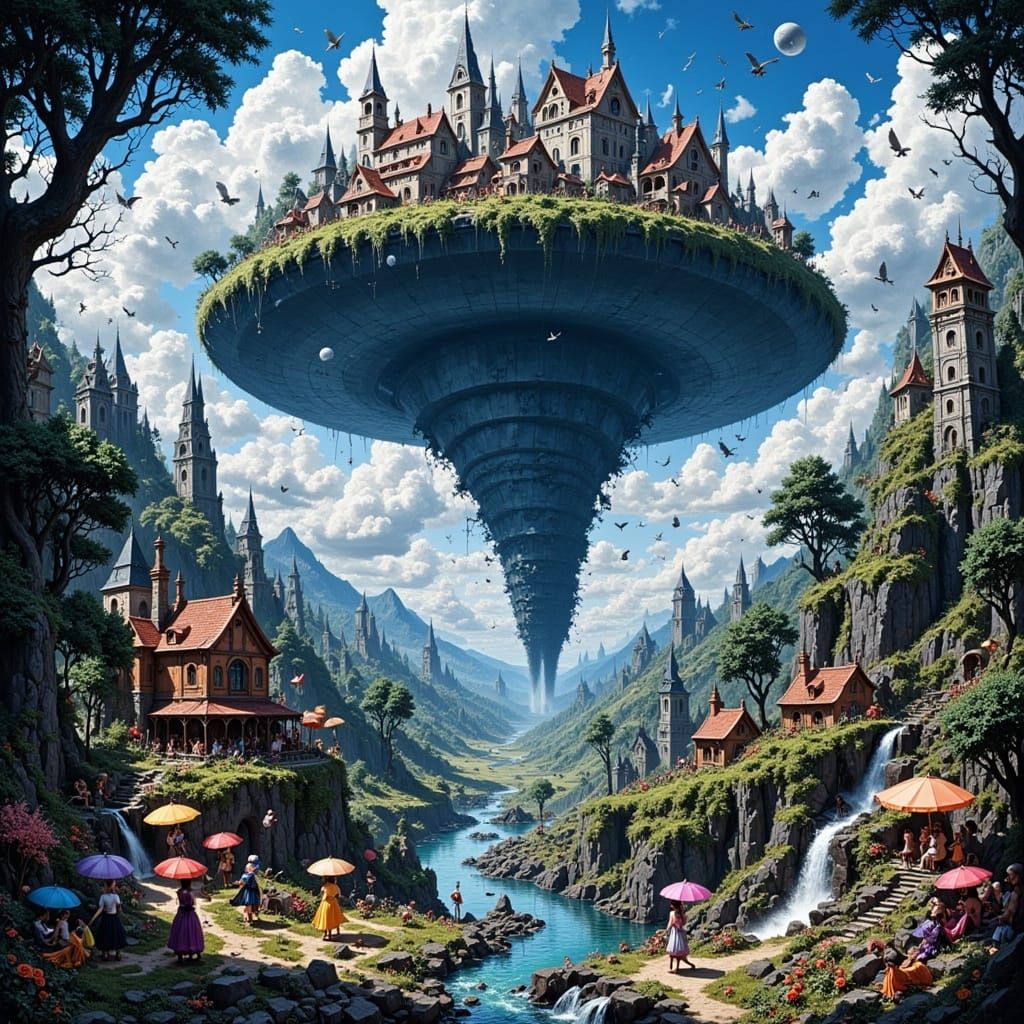 Village Inside Tornado: Dreamlike Sci-Fi Scene