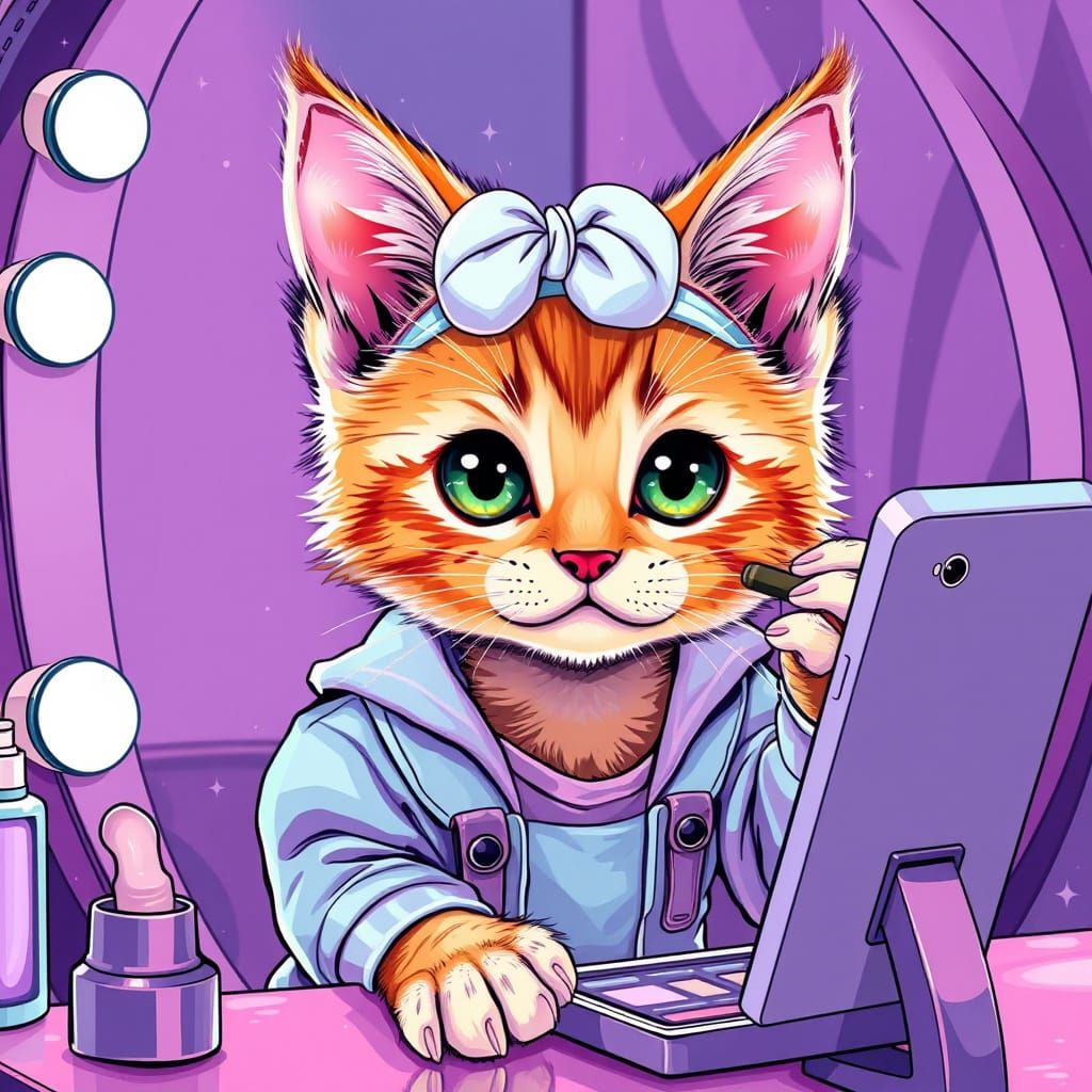 Adorable Kitten Applies Makeup in Polychromatic Manga Style