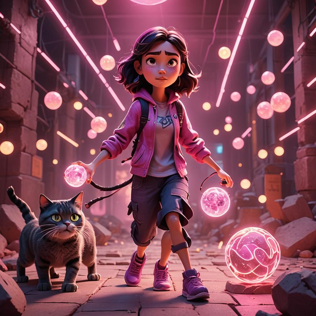 Stone Girl Rides Cat with Fire Eyes in 3D Style