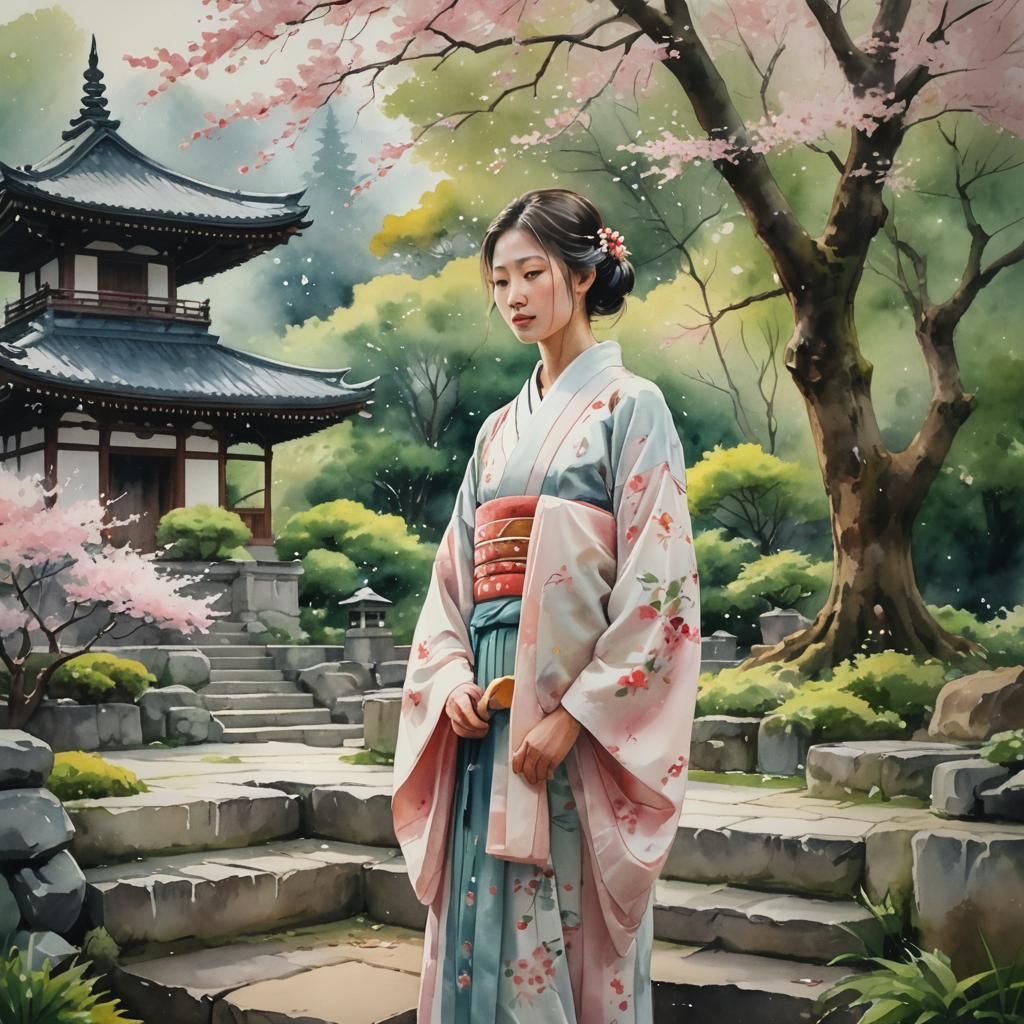Serene Woman at Japanese Temple in Watercolor