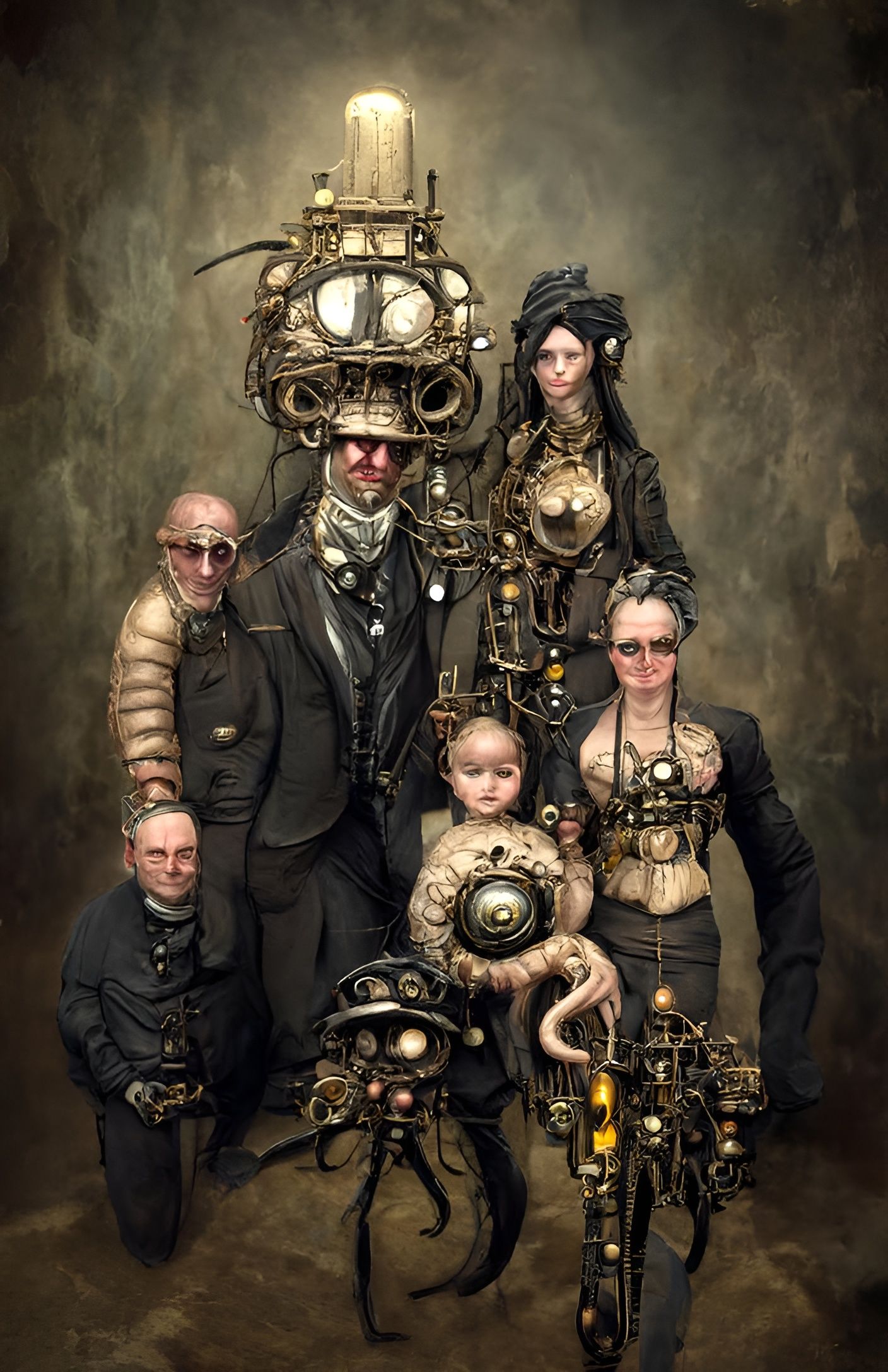 Eldritch Steampunk Family Portrait in Dark Fantasy Style