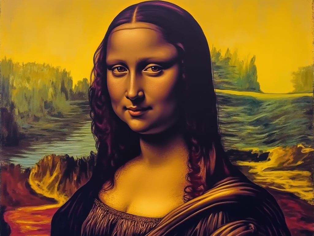 Afrocentric Plus-Sized Mona Lisa in Vibrant Purple and Yello...