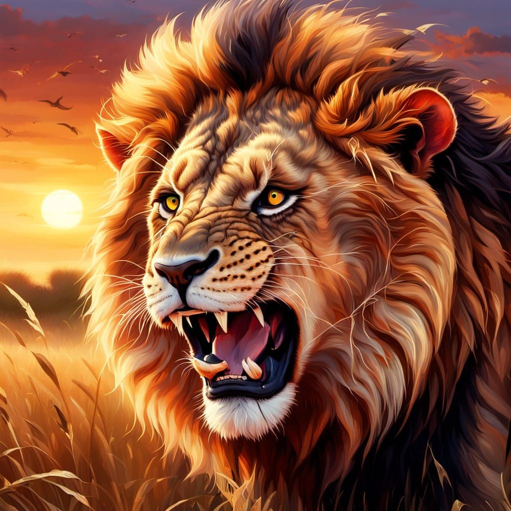 Majestic Lion Roaring in Savannah: Oil Painting