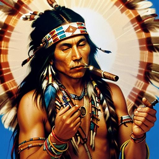 hippy Native American Lighting a peace pipe