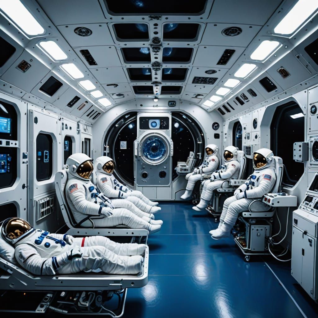 Astronauts in Cryogenic Sleep Pods in Futuristic Space Ship