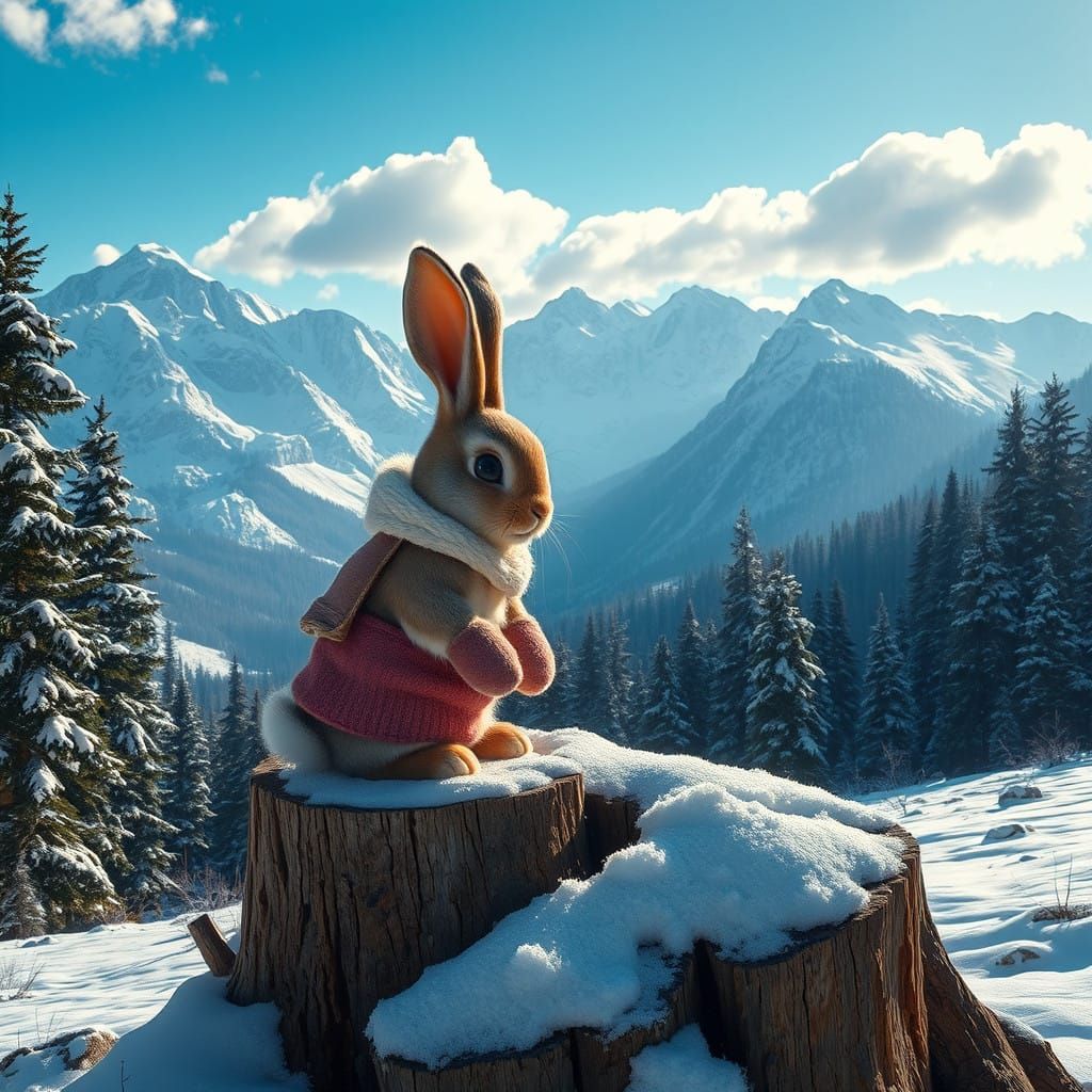Charming Bunny Surveys Winter Wonderland
