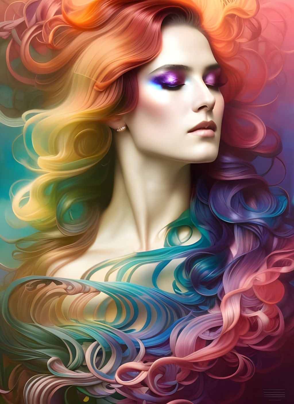 Rainbow Goddess with Spectrum Hair: Art Nouveau Portrait