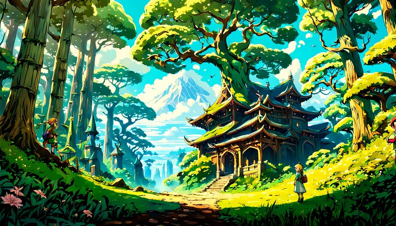 Idyllic Fantasy Realm: Whimsical Woodland Scene in Anime-Ins...