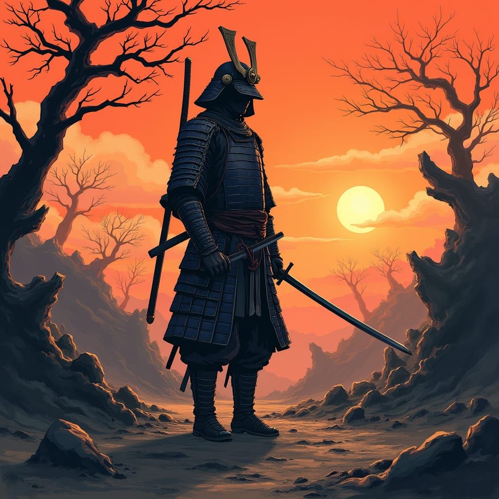 Samurai Silhouette Against Fiery Sunset in Woodblock Print S...