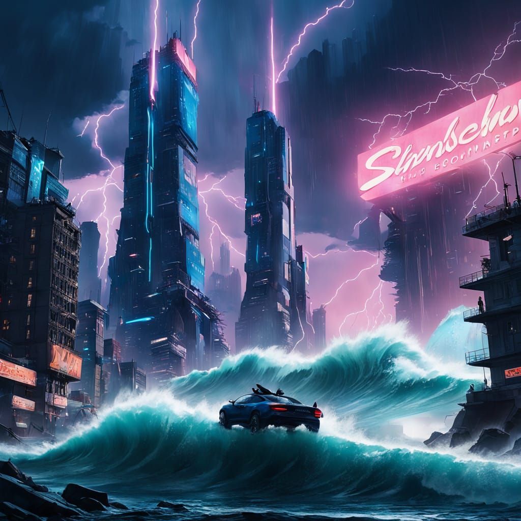 Cyberpunk Skyscraper Defies Turbulent Seas in Electric Blue...