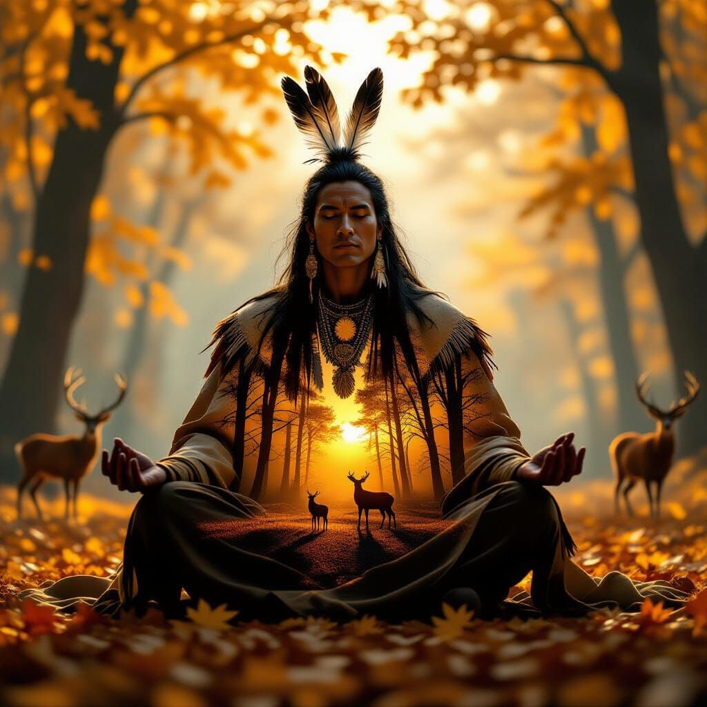 Native Spirit Guide in Autumn Forest Double Exposure