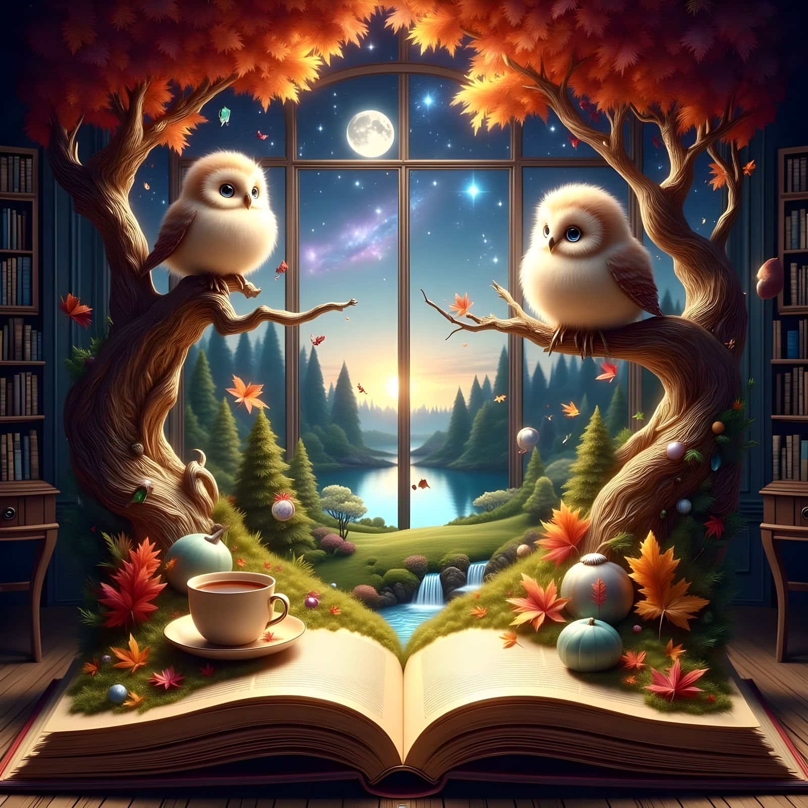 Whimsical Autumn Woodland Book Scene with Owl