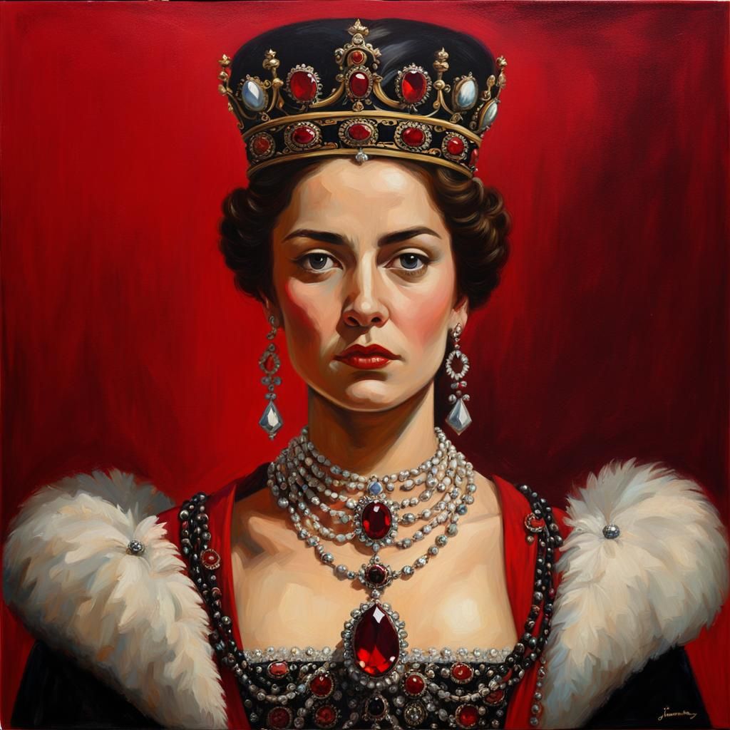 English Queen with Obsidian Crown, in Oil Painting Style