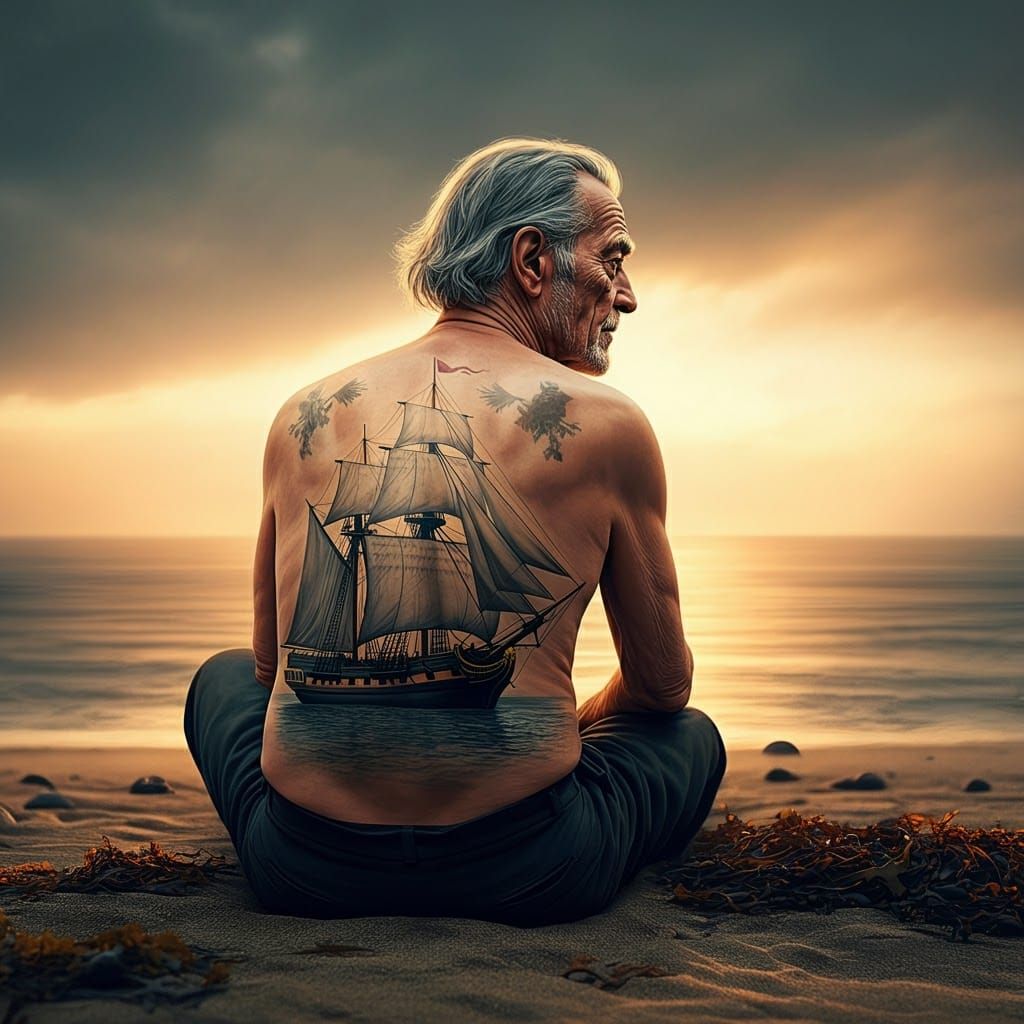 Weathered Man with Pirate Tattoo at Sunset